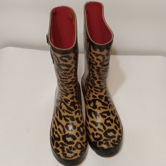 Rubber Boots Ankle Leopard Print Adjustable Buckles Felt Lining Women Size 6 - Picture 1 of 8